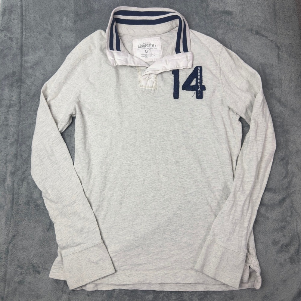 Vintage Aeropostale Mens Long Sleeve Rugby Polo Shirt Gray Size L G #14 Graphic